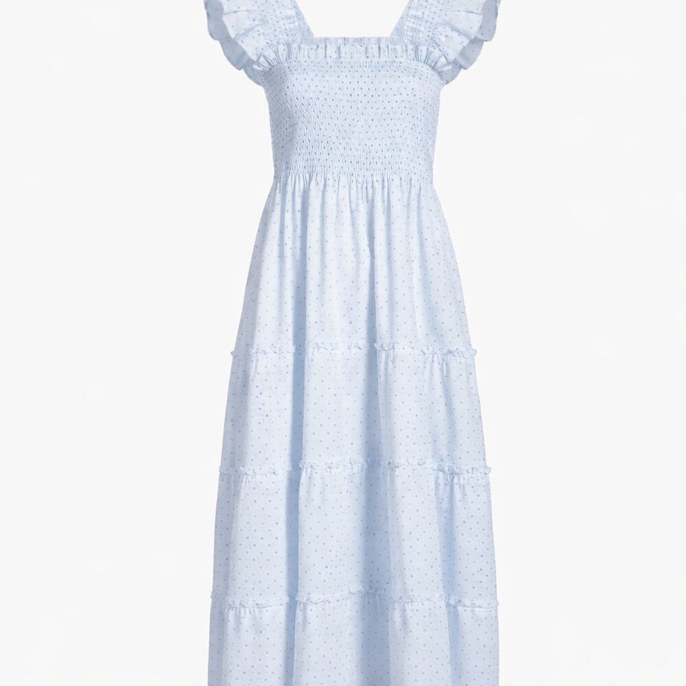 Hill House Ellie Nap Dress Blue Swiss Dot White Smocked Midi Size XS - Picture 2 of 10